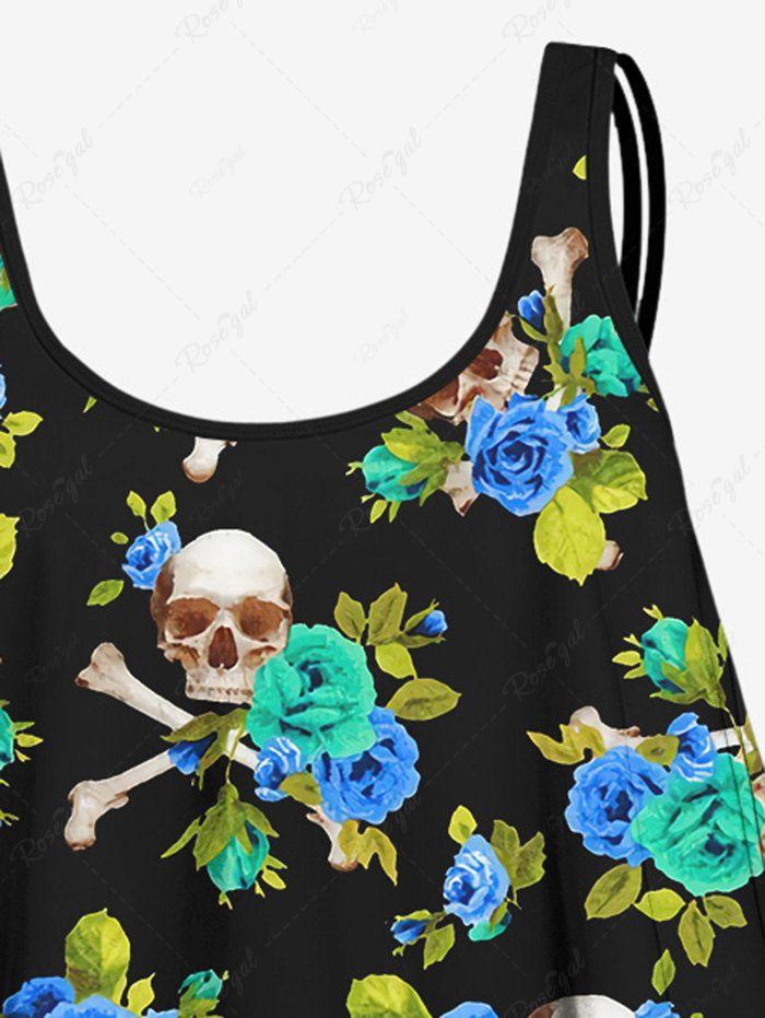 Gothic Plus Size Skulls Rose Flower Print Peplum Hem Backless Tankini Swimsuit (Adjustable Shoulder Strap)