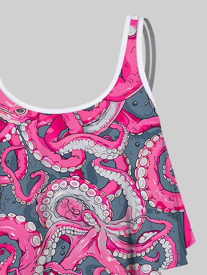 Gothic Octopus Print Peplum Hem Backless Tankini Swimsuit (Adjustable Shoulder Strap)