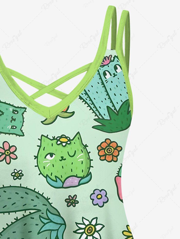 Gothic Cartoon Cat Cactus Floral Print Crisscross A Line Cami Dress