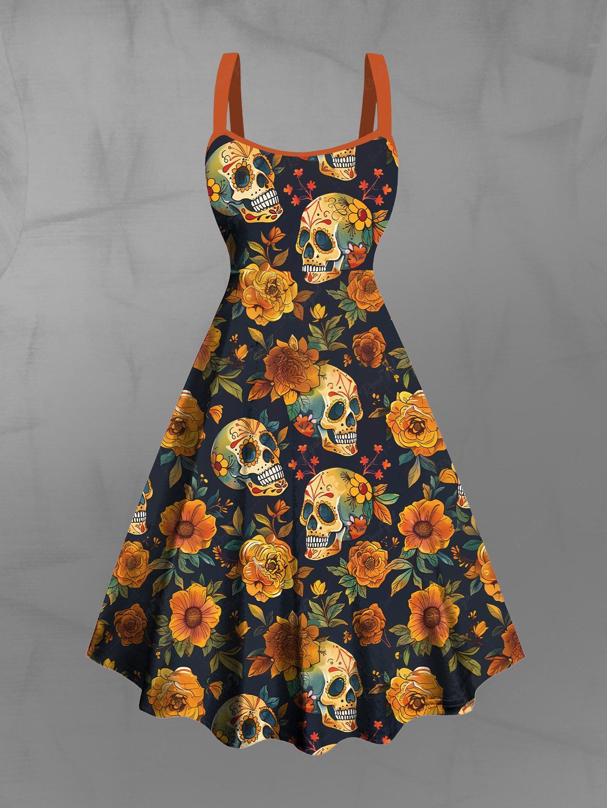 Gothic Plus Size Skulls Flower Leaf Print Backless A Line Tank Dress