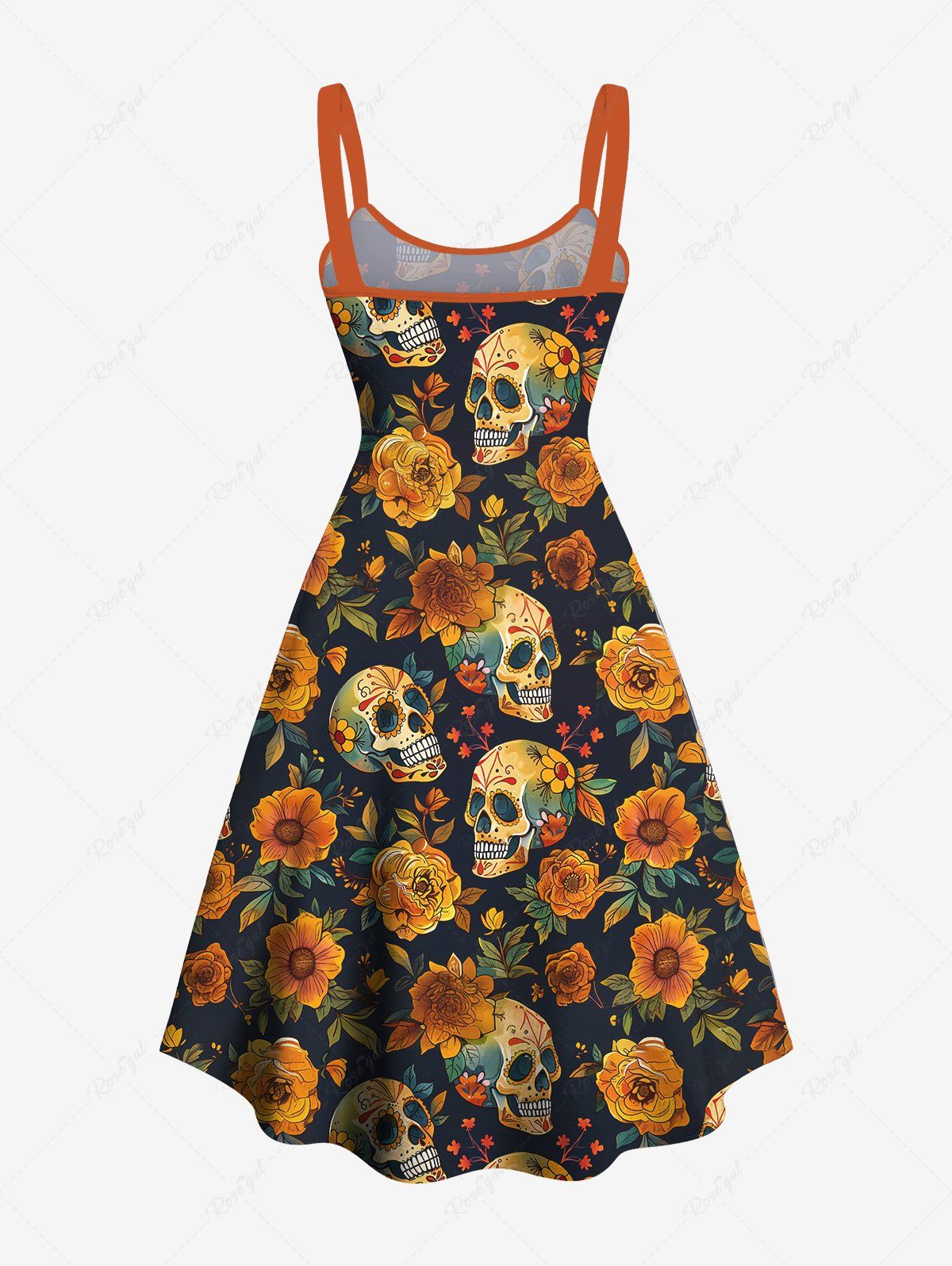 Gothic Plus Size Skulls Flower Leaf Print Backless A Line Tank Dress