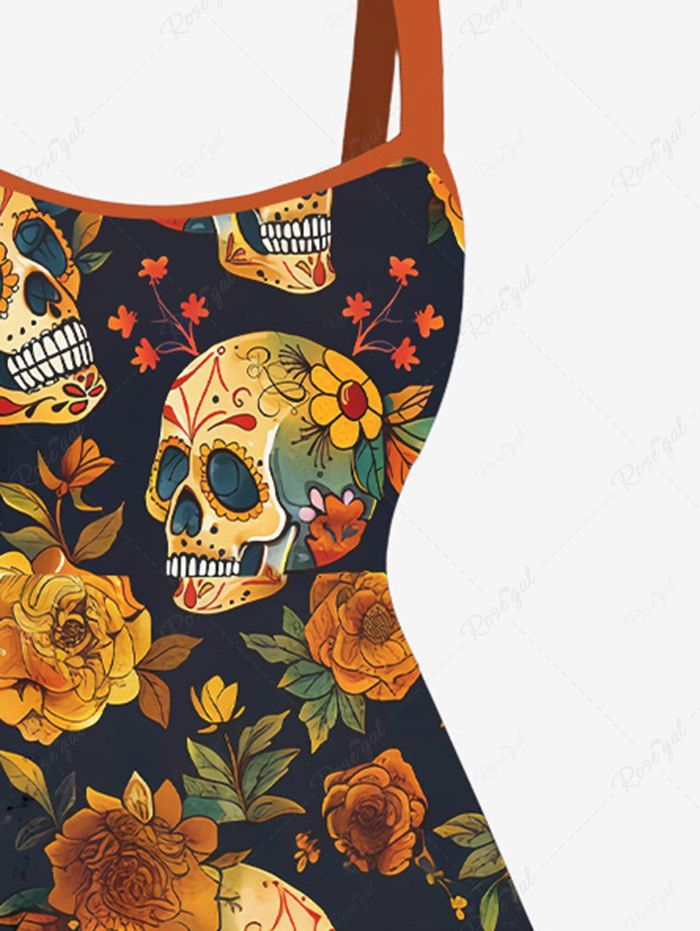 Gothic Plus Size Skulls Flower Leaf Print Backless A Line Tank Dress