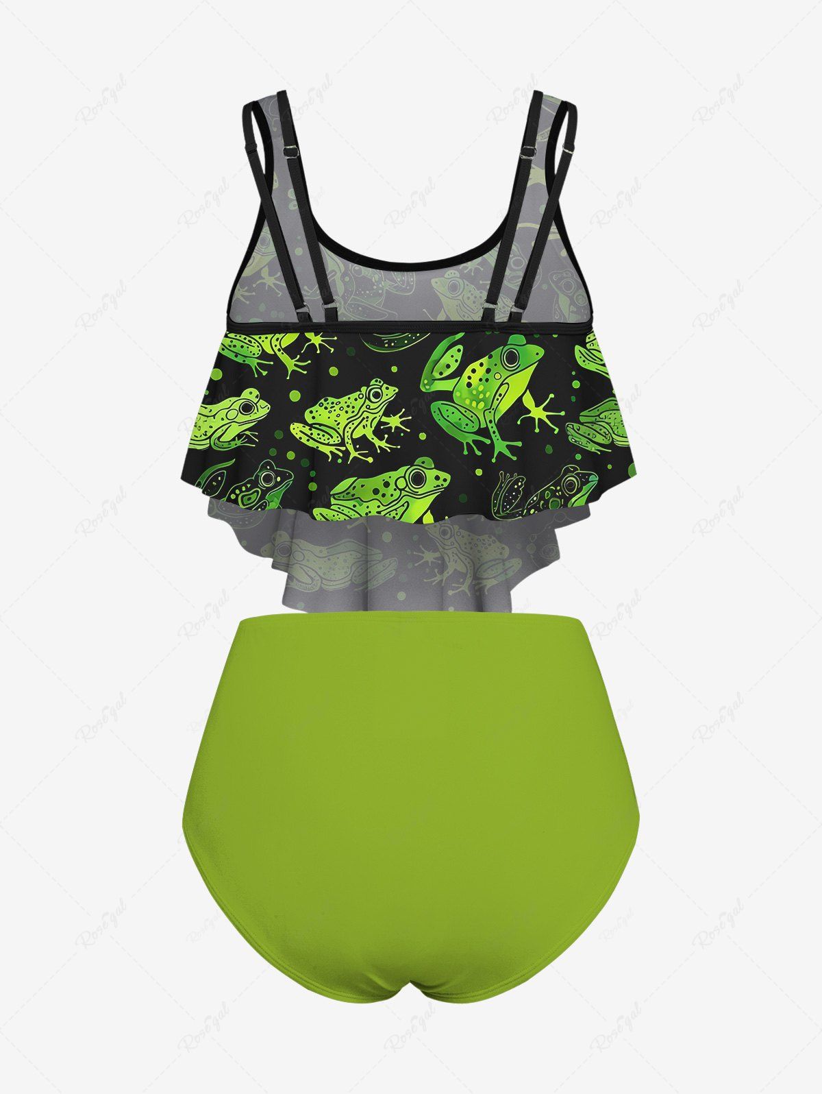 Gothic Plus Size Frog Print Peplum Hem Backless Tankini Swimsuit (Adjustable Shoulder Strap)