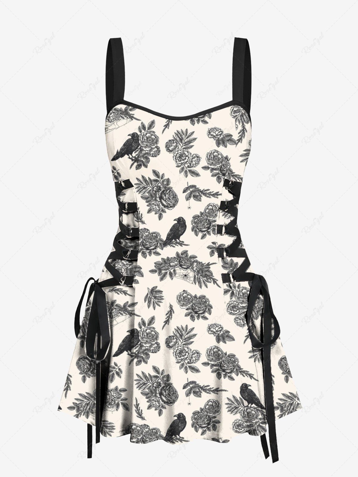 Gothic Bird Rose Flower Leaf Print Lace Up Backless A Line Tank Dress