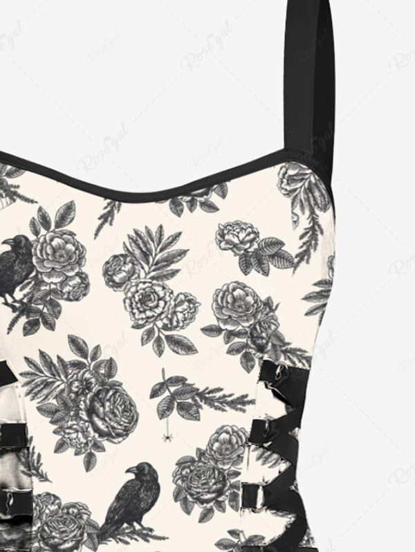 Gothic Bird Rose Flower Leaf Print Lace Up Backless A Line Tank Dress