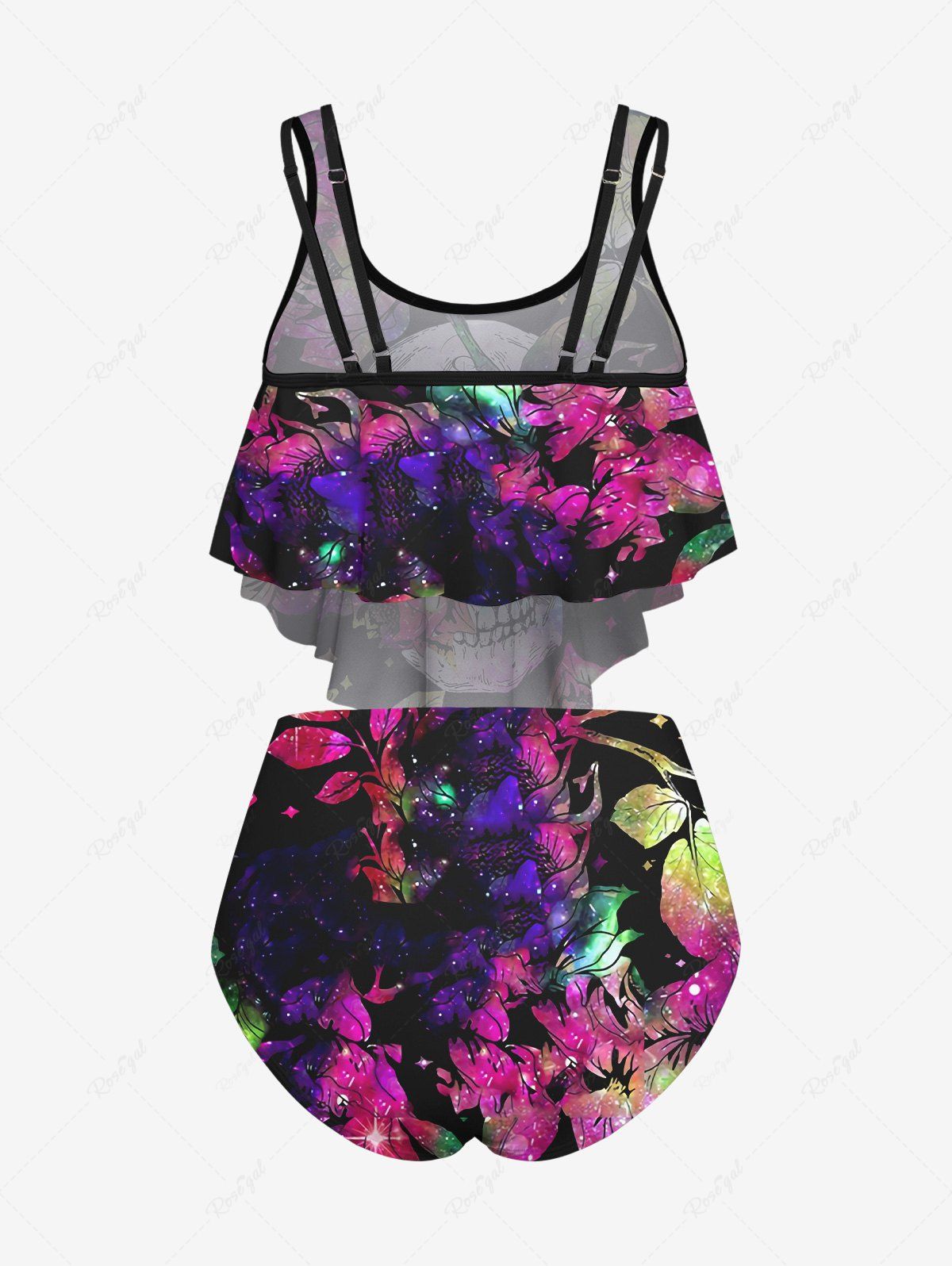 Gothic Plus Size Skull Colorful Glitter Ombre Leaf Print Peplum Hem Backless Tankini Swimsuit (Adjustable Shoulder Strap)