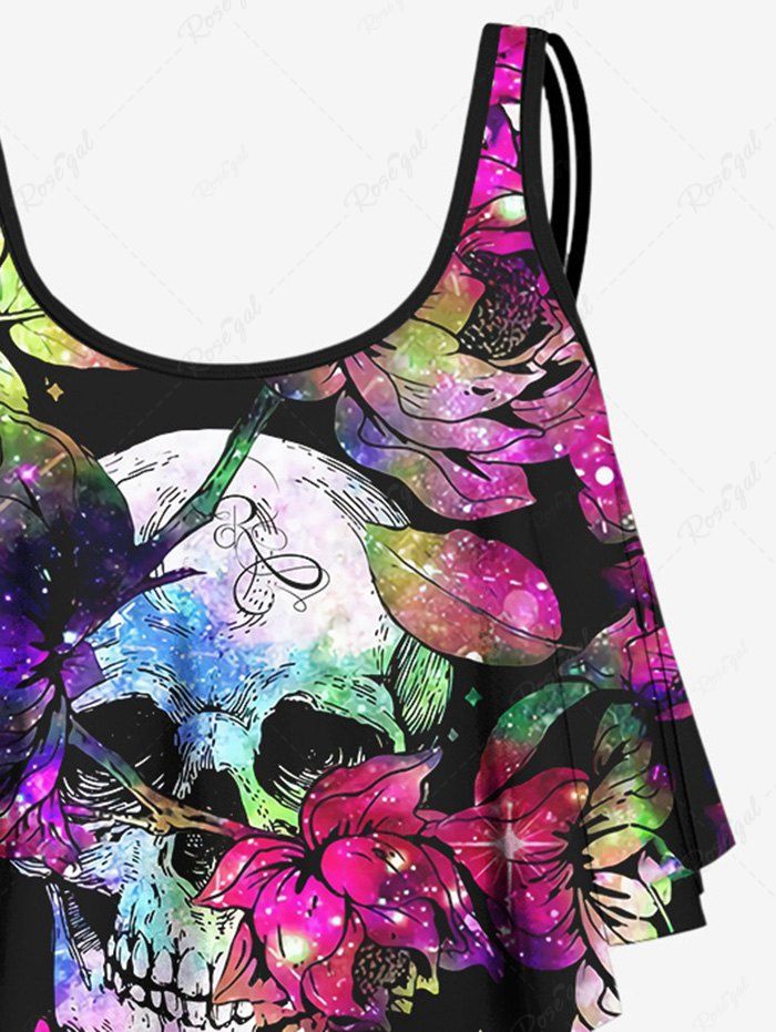 Gothic Plus Size Skull Colorful Glitter Ombre Leaf Print Peplum Hem Backless Tankini Swimsuit (Adjustable Shoulder Strap)