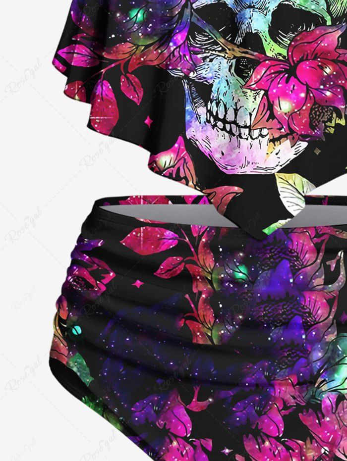 Gothic Plus Size Skull Colorful Glitter Ombre Leaf Print Peplum Hem Backless Tankini Swimsuit (Adjustable Shoulder Strap)