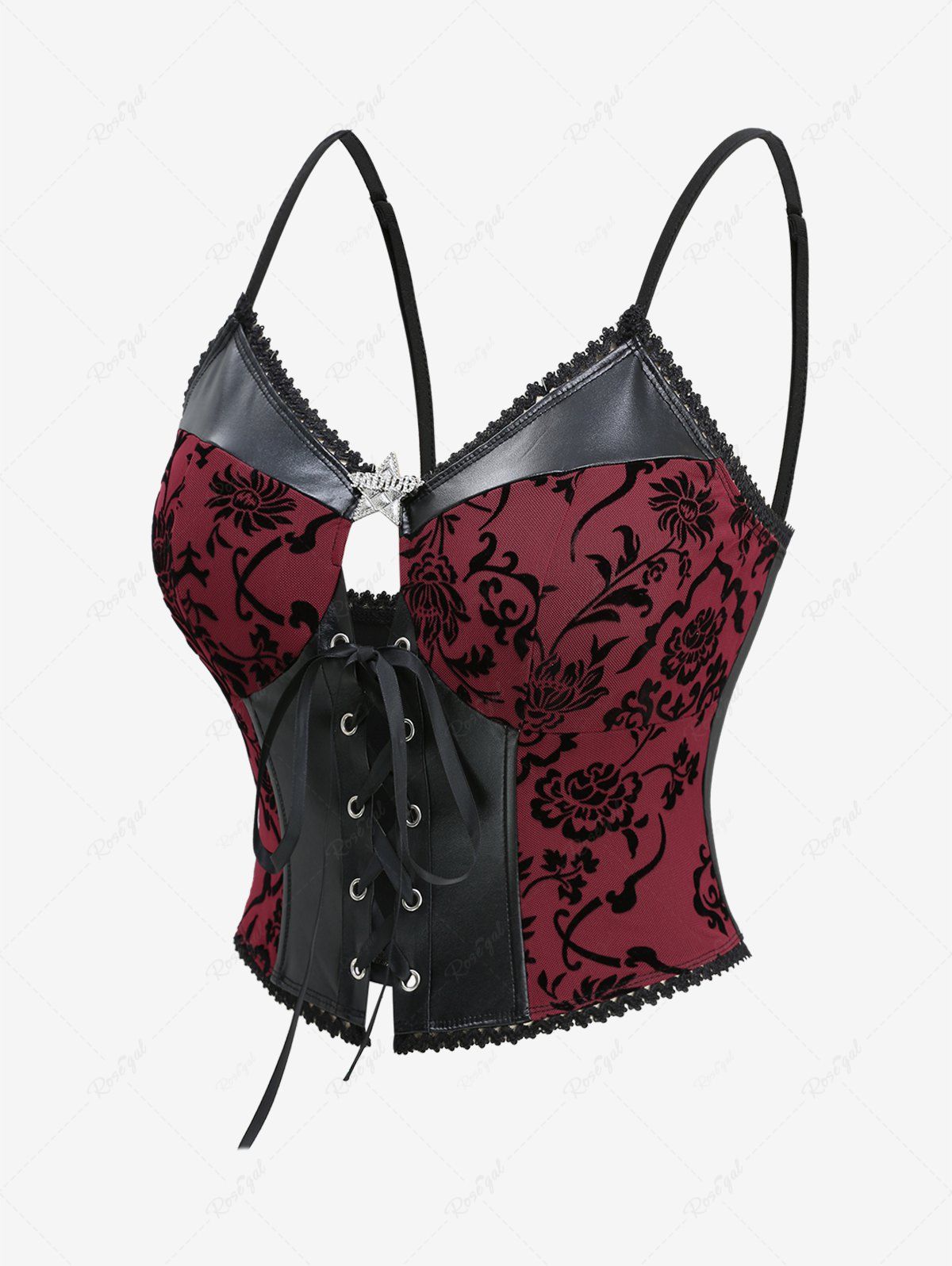 Gothic Lace-up Floral Flocking PU Leather Patchwork Star Buckle Lace Trim Corset