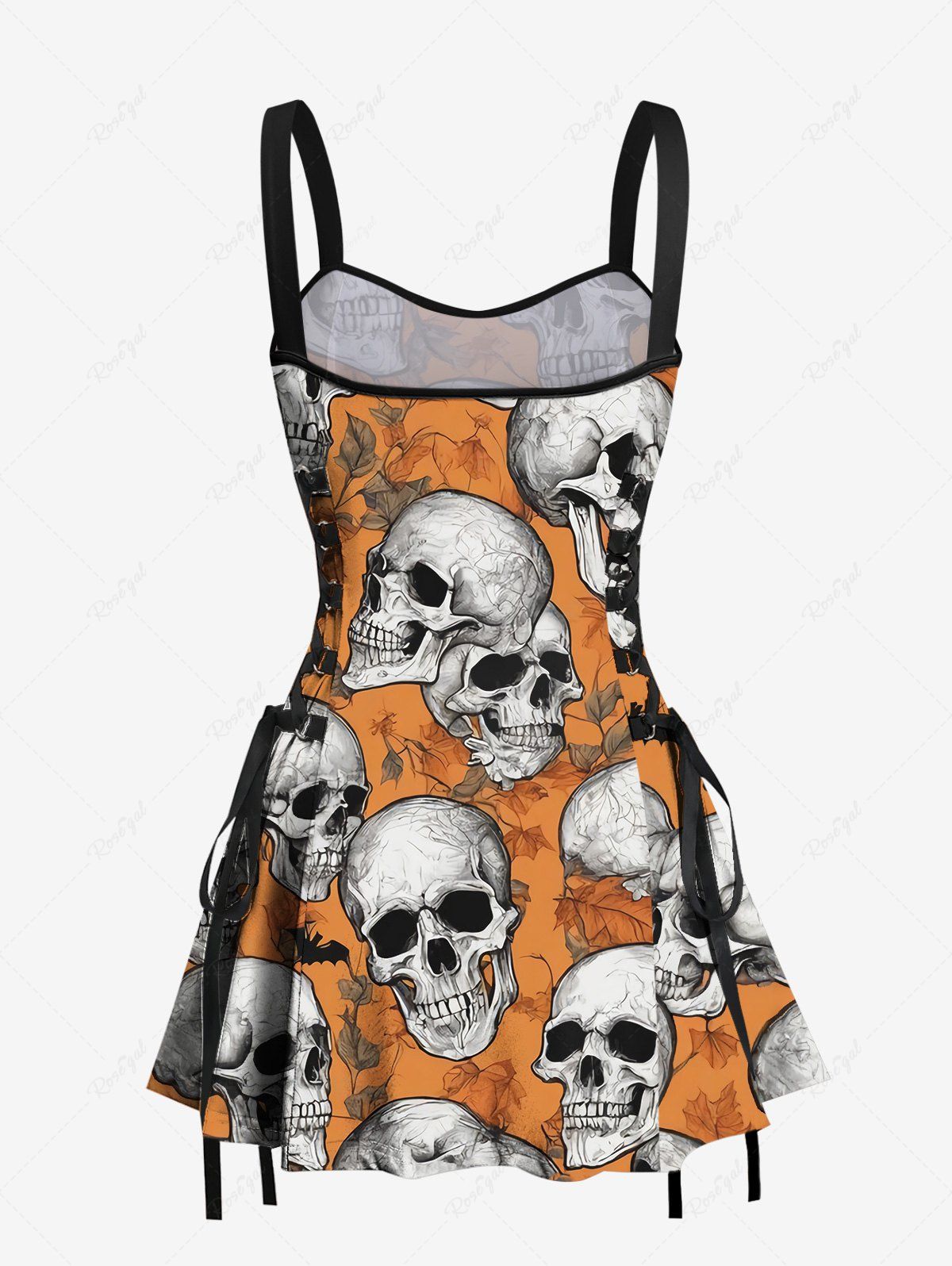 Gothic Skulls Flowers Leaf Print Lace Up Tank Dress