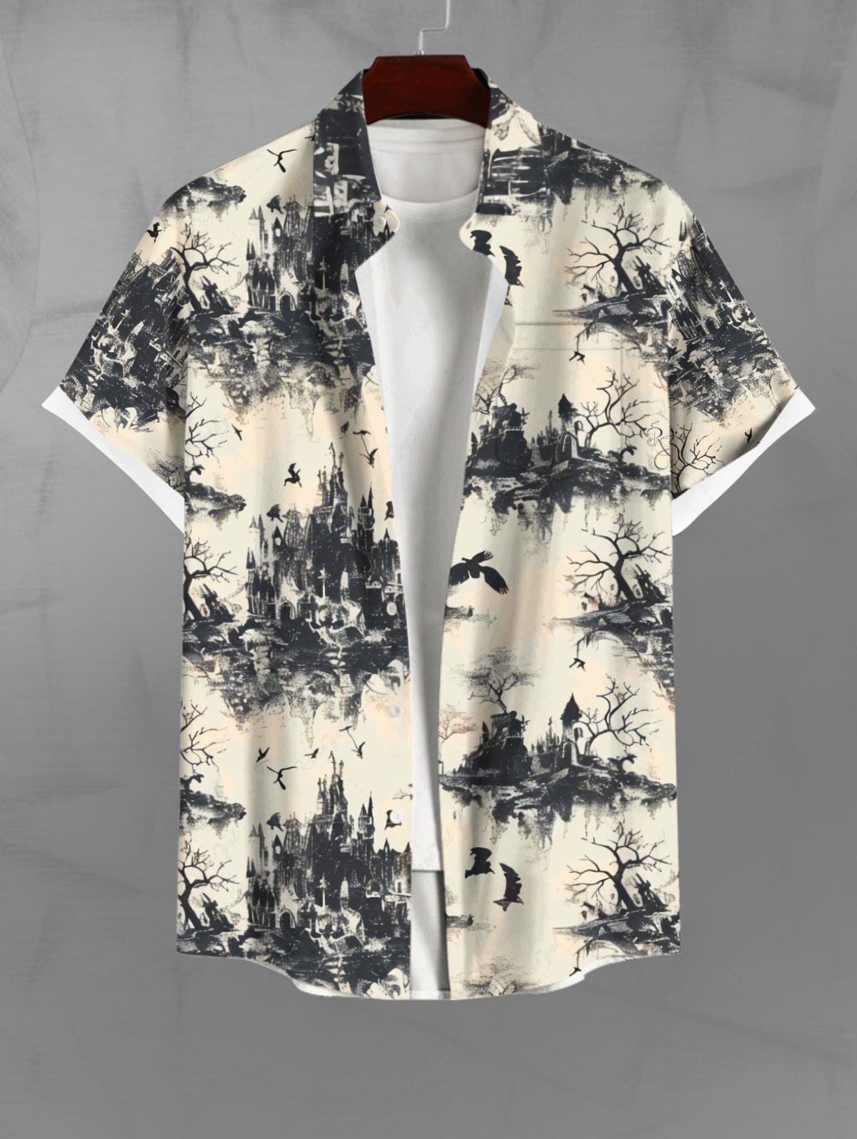 Gothic Plus Size Chinese Ink Painting Mountain Tree Bird Print Buttons Pocket Shirt For Men