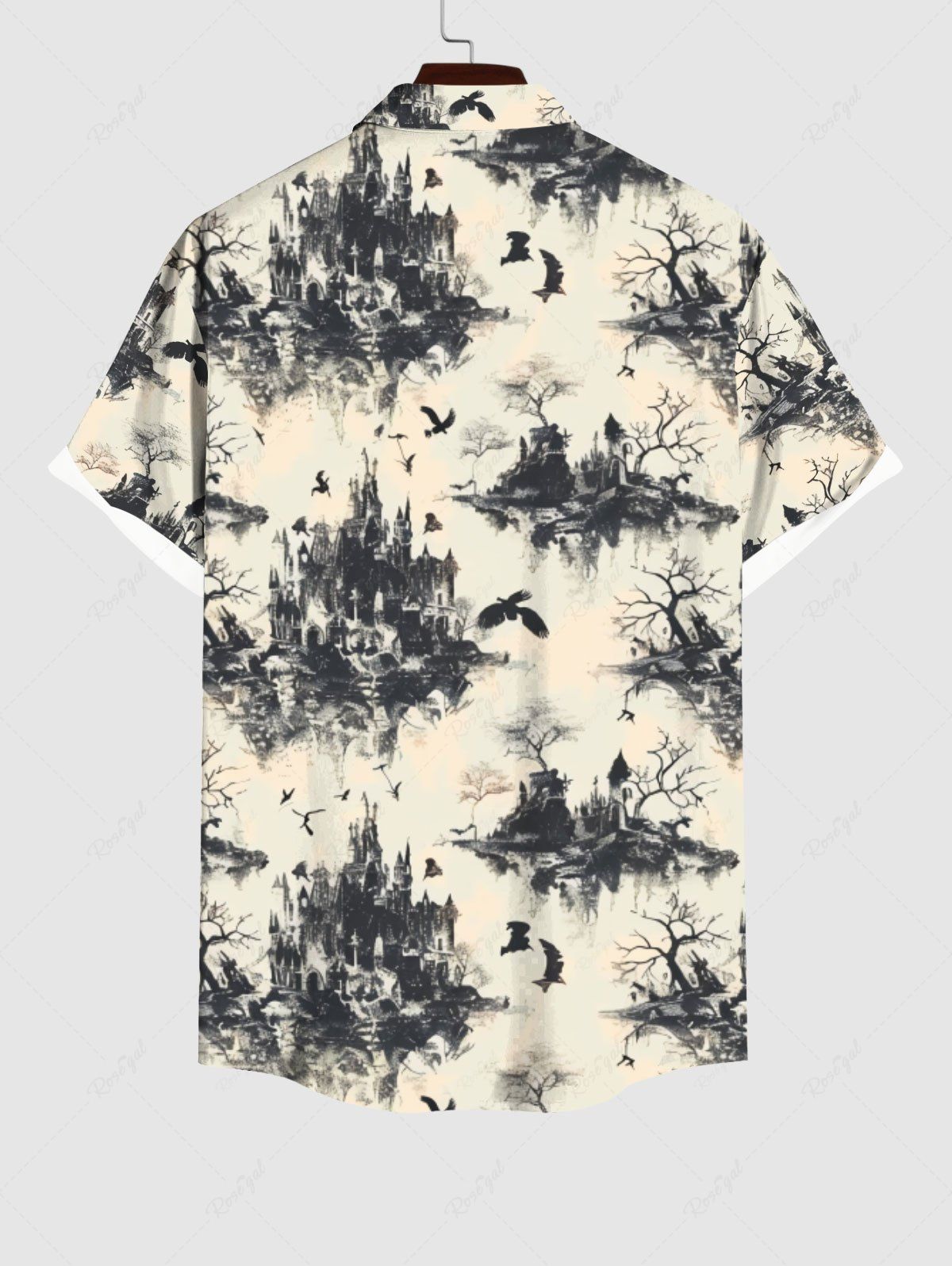 Gothic Plus Size Chinese Ink Painting Mountain Tree Bird Print Buttons Pocket Shirt For Men