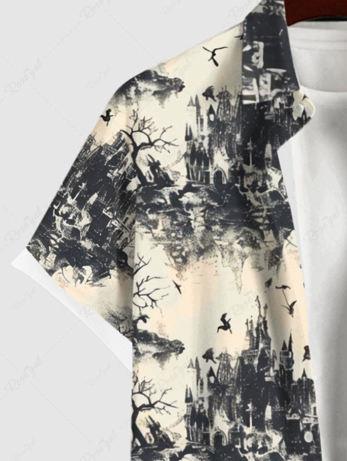 Gothic Plus Size Chinese Ink Painting Mountain Tree Bird Print Buttons Pocket Shirt For Men