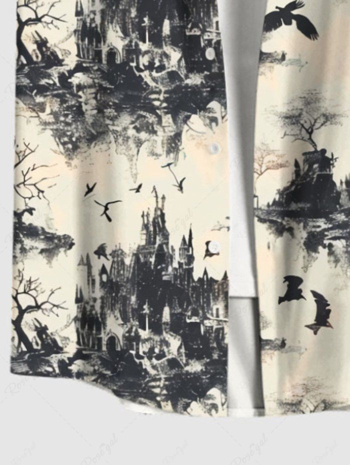 Gothic Plus Size Chinese Ink Painting Mountain Tree Bird Print Buttons Pocket Shirt For Men