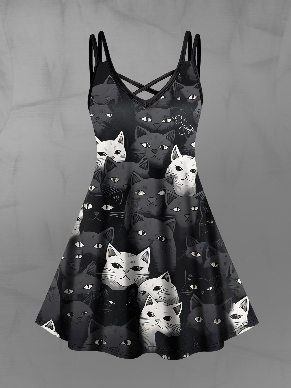 Gothic Plus Size Cats Print Crisscross Cami Dress