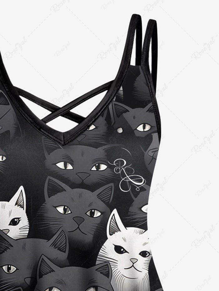 Gothic Plus Size Cats Print Crisscross Cami Dress