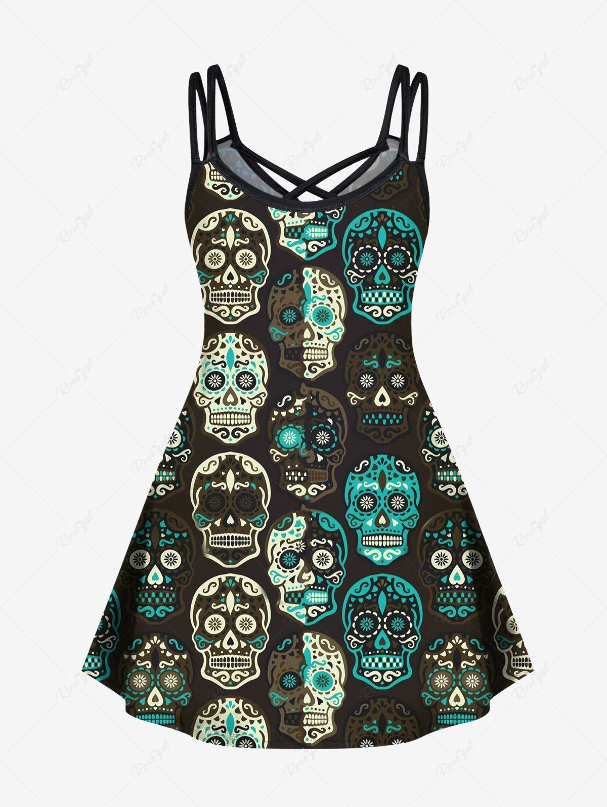 Gothic Plus Size Ethnic Floral Skulls Print Crisscross Cami Dress