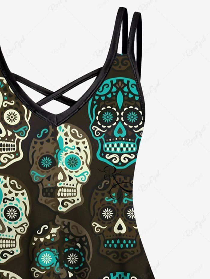 Gothic Plus Size Ethnic Floral Skulls Print Crisscross Cami Dress