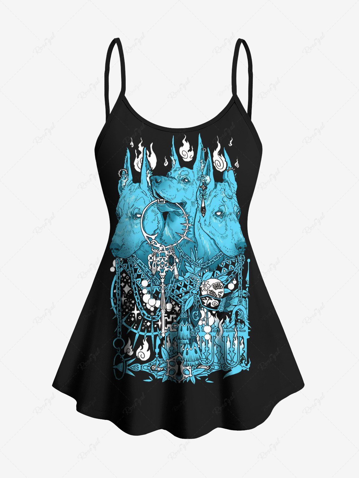 Gothic Plus Size Sacrifice Wand Wolf Head Fire Flame Print Boyleg Tankini Swimsuit (Adjustable Shoulder Strap)