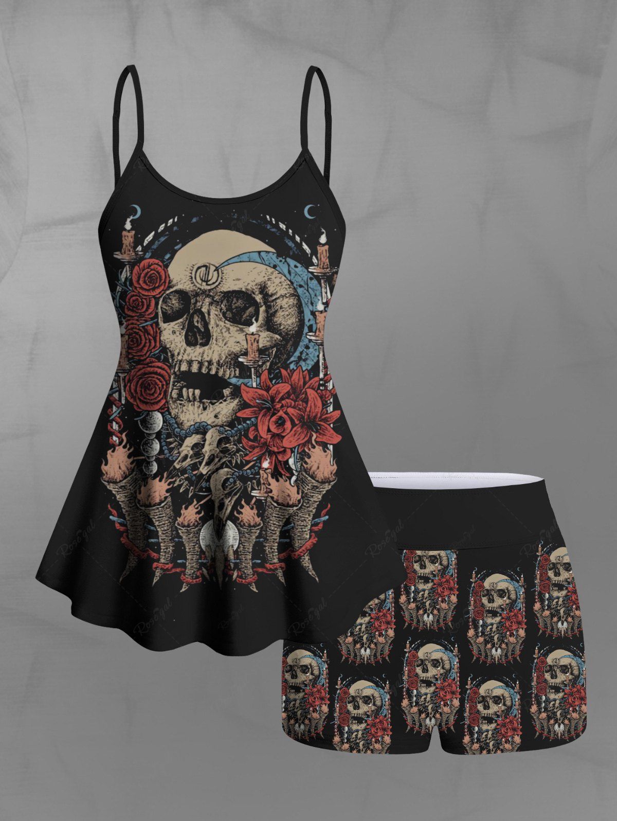 Gothic Plus Size Skull Rose Flower Moon Candle Horn Ethnic Graphic Print Boyleg Tankini Swimsuit (Adjustable Shoulder Strap)