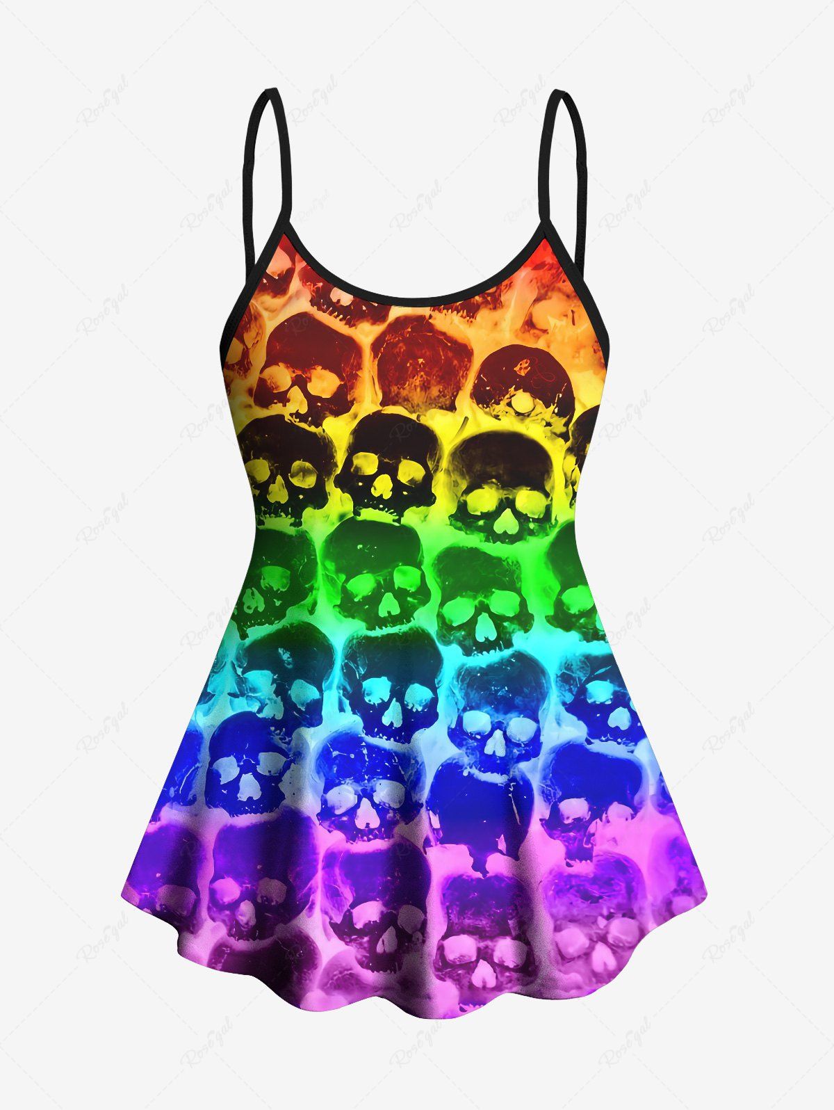 Gothic Plus Size Colorful Ombre Skull Print Boyleg Tankini Swimsuit (Adjustable Shoulder Strap)