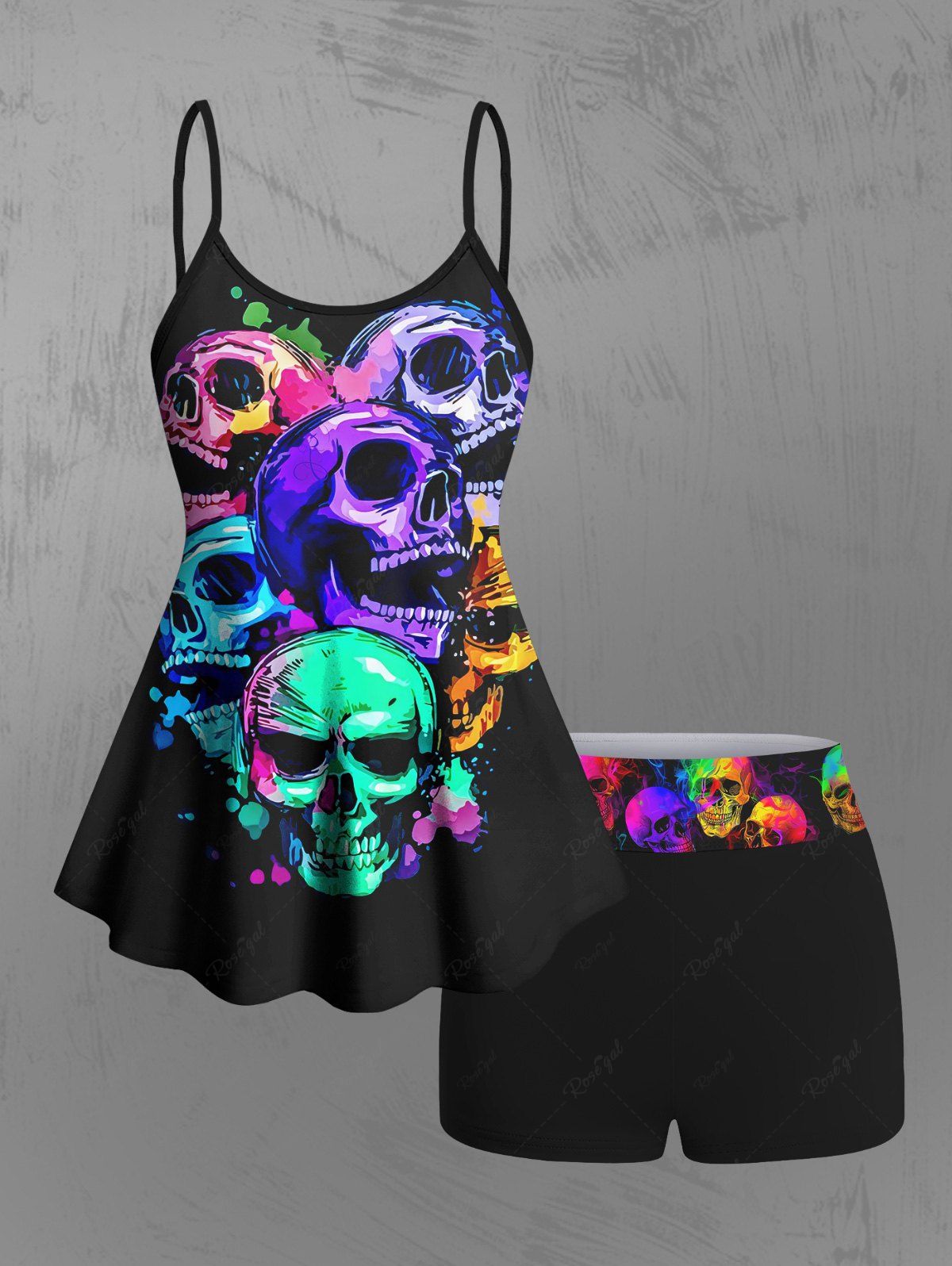 Gothic Plus Size Colorful Skulls Print Boyleg Tankini Swimsuit (Adjustable Shoulder Strap)