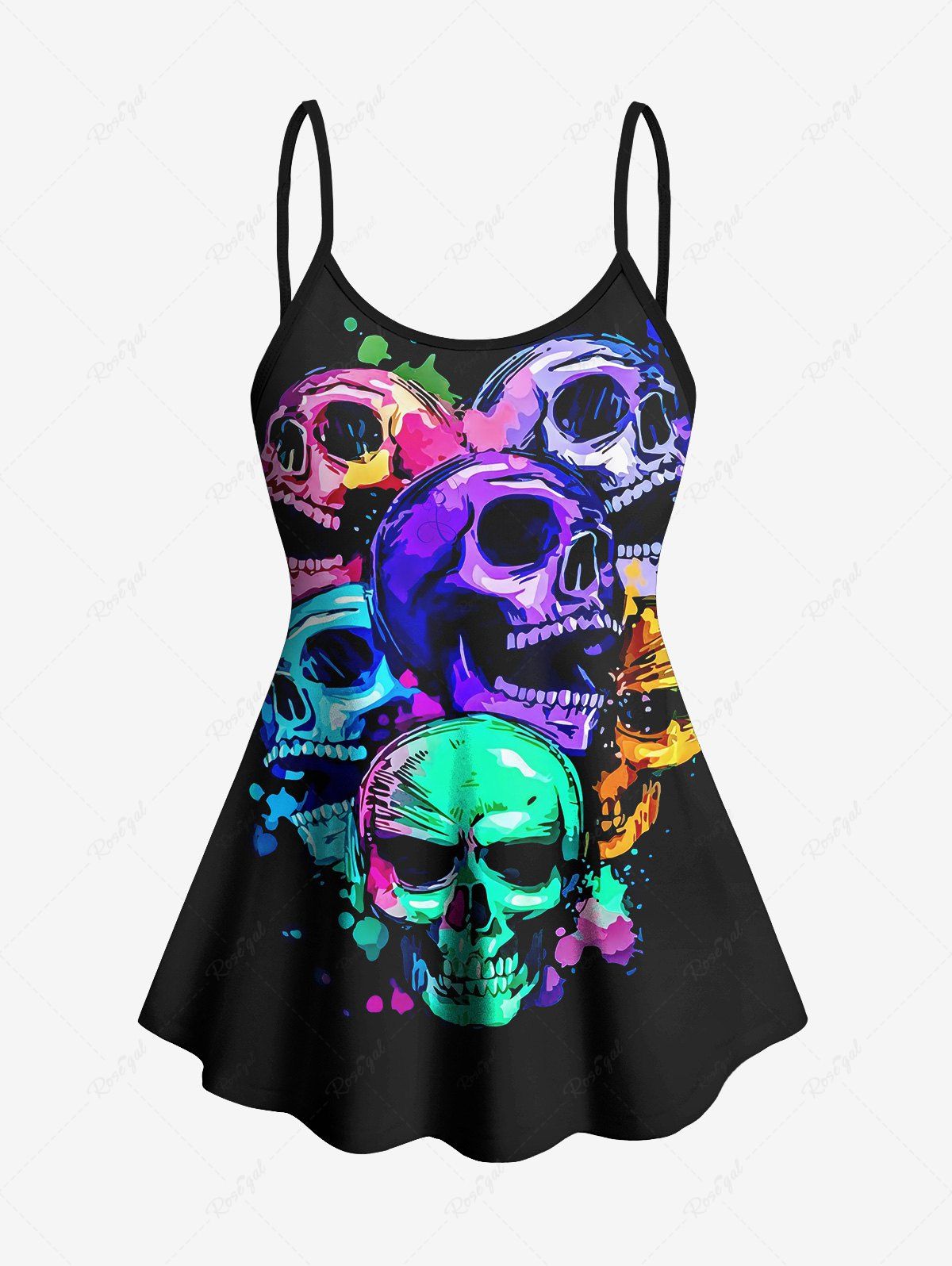 Gothic Plus Size Colorful Skulls Print Boyleg Tankini Swimsuit (Adjustable Shoulder Strap)