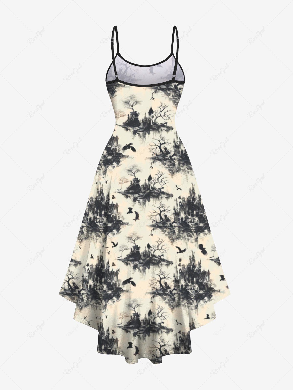 Gothic Plus Size Bird Village Tree Print High Low Asymmetric A Line Cami Dress