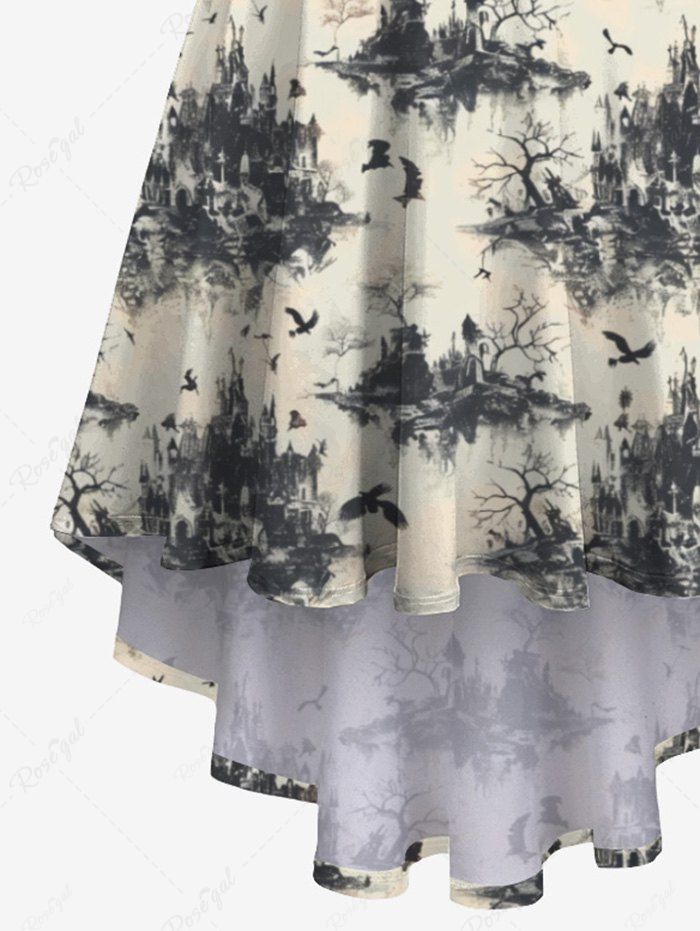 Gothic Plus Size Bird Village Tree Print High Low Asymmetric A Line Cami Dress