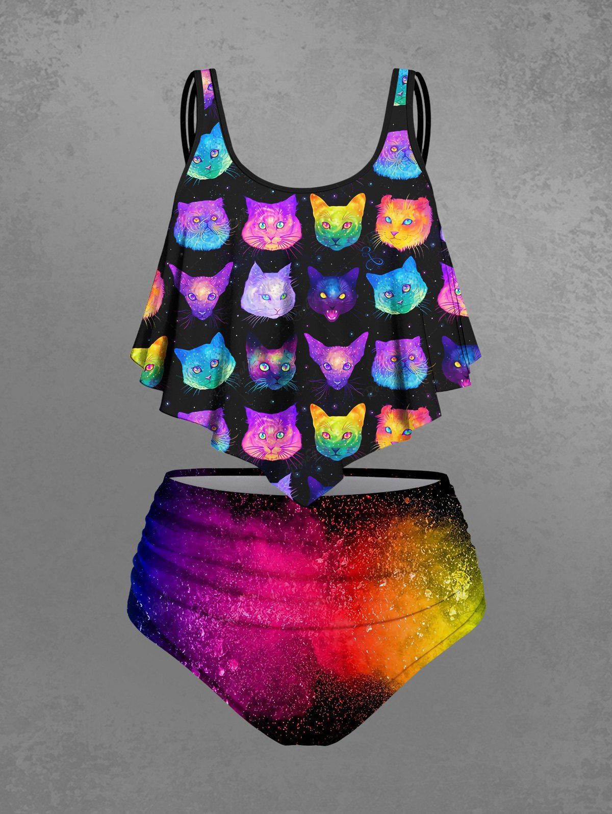 Gothic Plus Size Colorful Ombre Cat Galaxy Painting Splatter Print Backless Tankini Swimsuit (Adjustable Shoulder Strap)