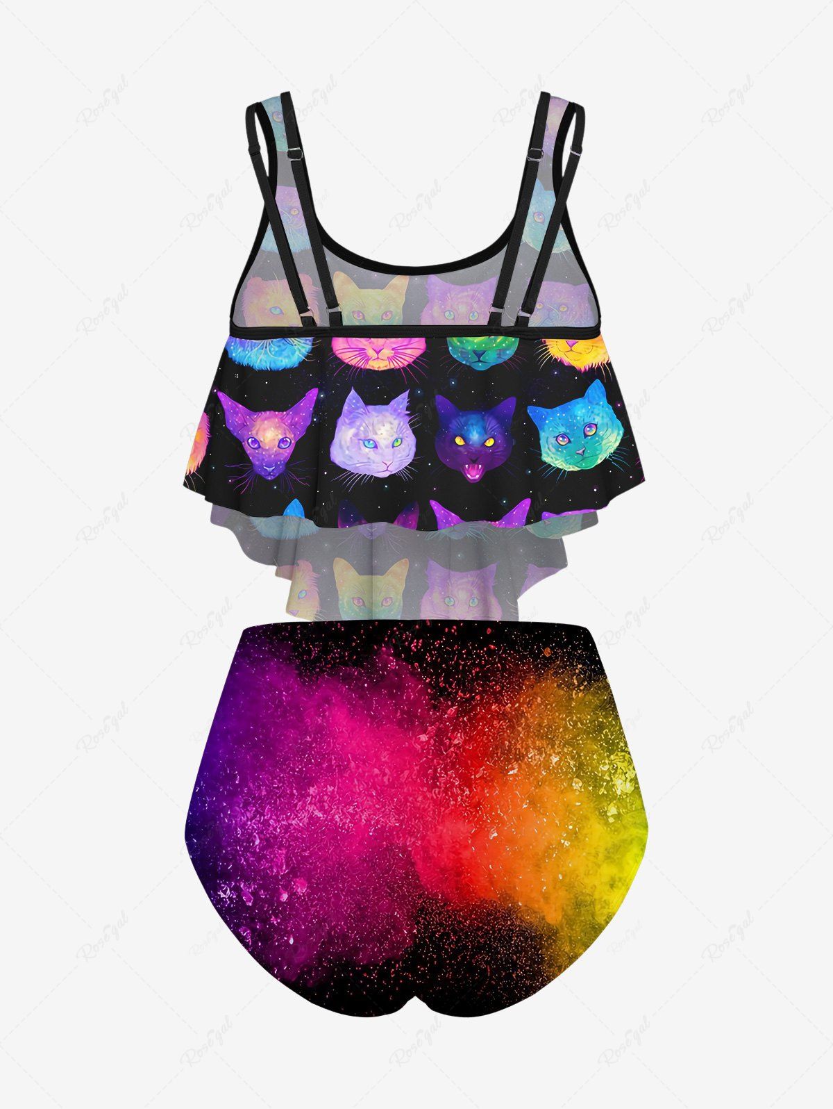 Gothic Plus Size Colorful Ombre Cat Galaxy Painting Splatter Print Backless Tankini Swimsuit (Adjustable Shoulder Strap)