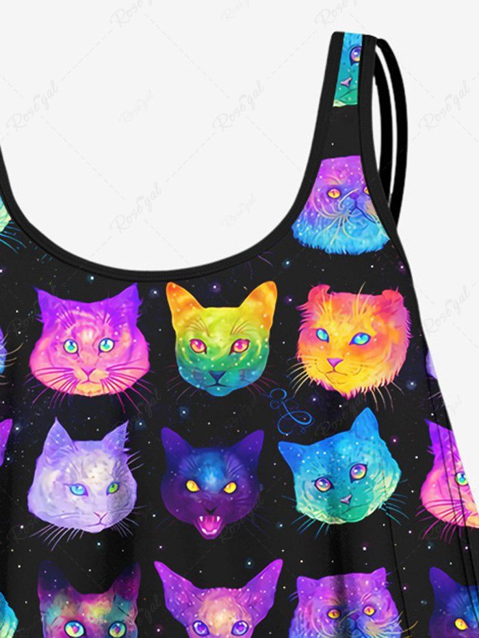 Gothic Plus Size Colorful Ombre Cat Galaxy Painting Splatter Print Backless Tankini Swimsuit (Adjustable Shoulder Strap)