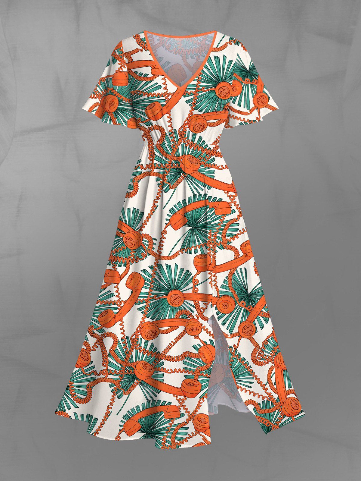 Gothic Plus Size Tropical Leaves Phone Print Hawaii Split Pocket A Line Midi Dress