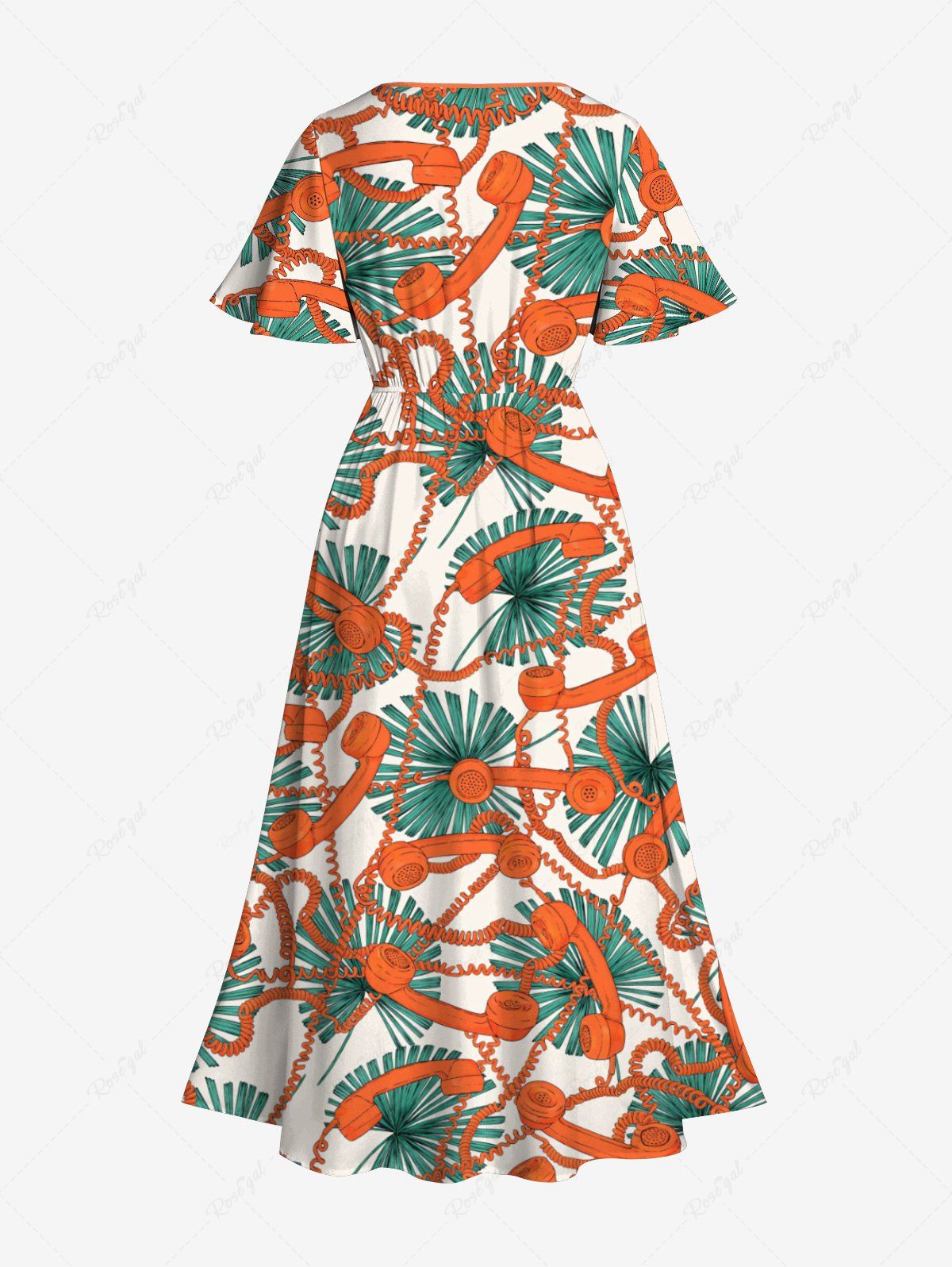 Gothic Plus Size Tropical Leaves Phone Print Hawaii Split Pocket A Line Midi Dress