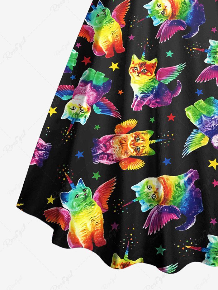 Gothic Plus Size Colorful Cat Wing Stars Print Ombre A Line Tank Dress