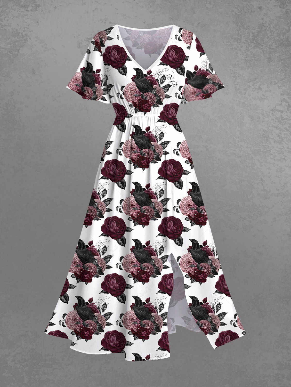 Gothic Plus Size Flowers Print Split Pocket A Line Midi Dress