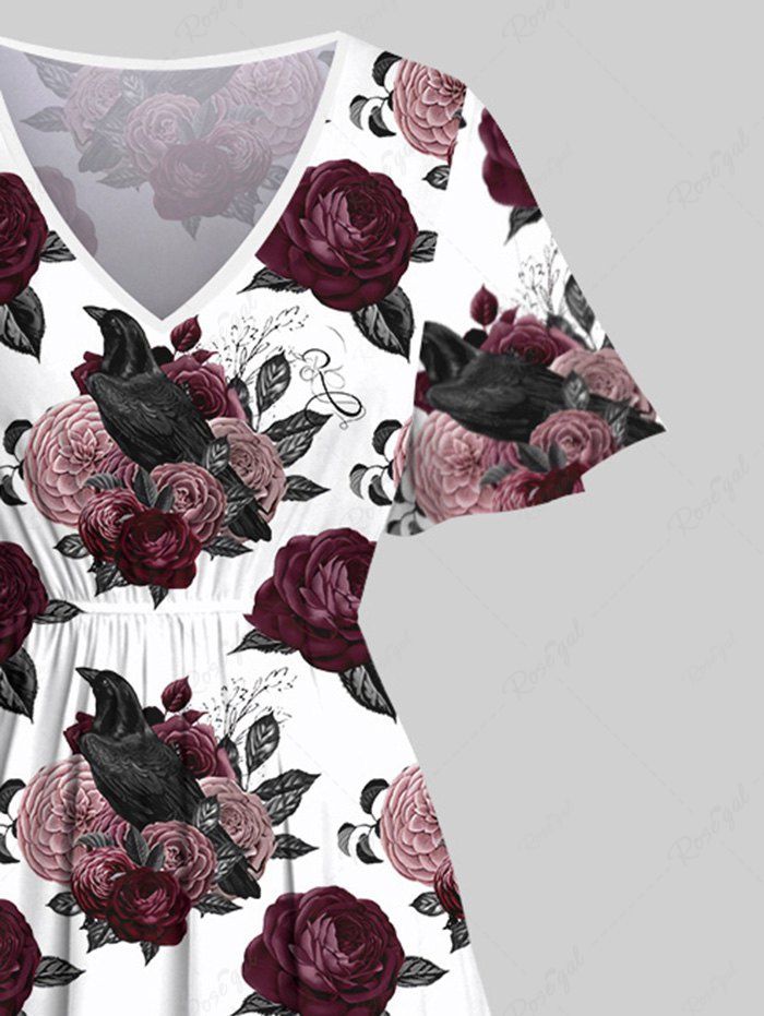 Gothic Plus Size Flowers Print Split Pocket A Line Midi Dress