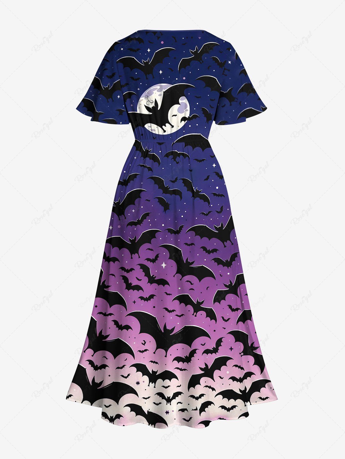 Gothic Bat Moon Ombre Galaxy Print Split Pocket A Line Midi Dress