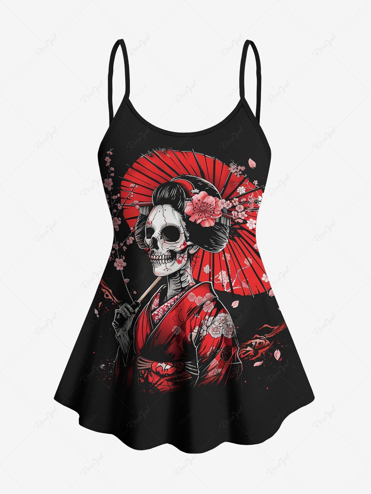 Gothic Plus Size Skull Songstress Umbrella Floral Print Boyleg Tankini Swimsuit (Adjustable Shoulder Strap)