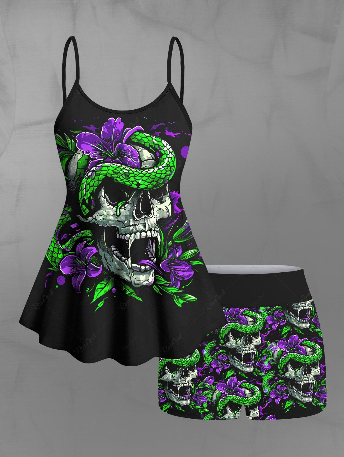 Gothic Plus Size Skull Snake Floral Print Boyleg Tankini Swimsuit (Adjustable Shoulder Strap)