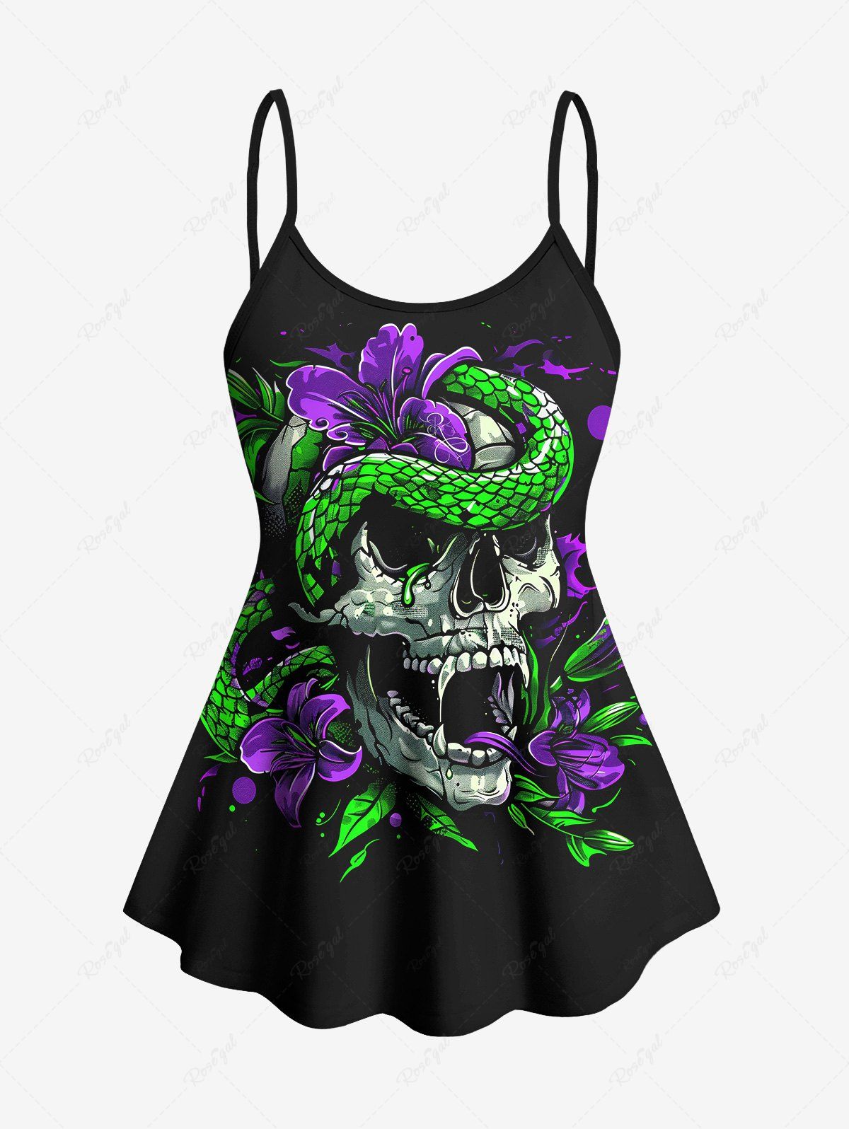 Gothic Plus Size Skull Snake Floral Print Boyleg Tankini Swimsuit (Adjustable Shoulder Strap)