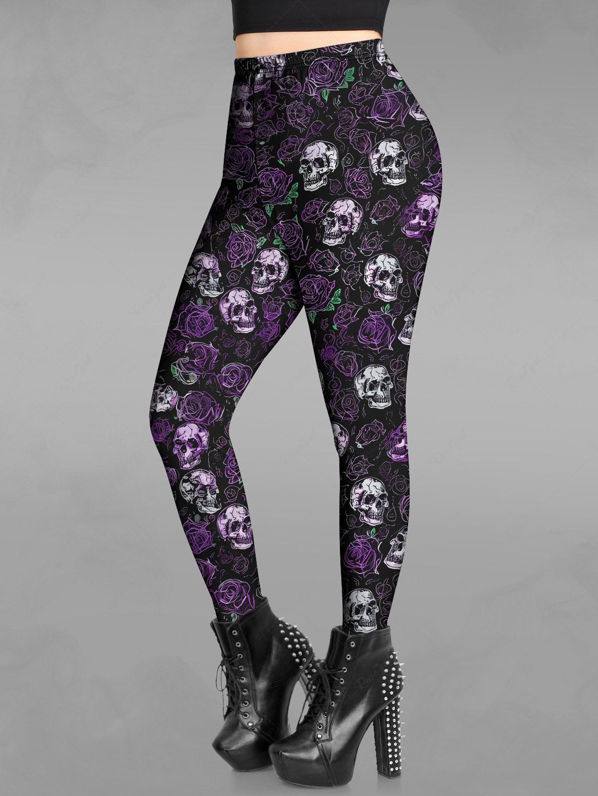 Gothic Plus Size Skulls Rose Flower Print Skinny Leggings