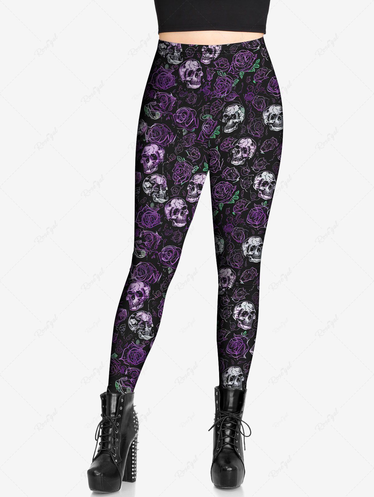 Gothic Skulls Rose Flower Print Skinny Leggings