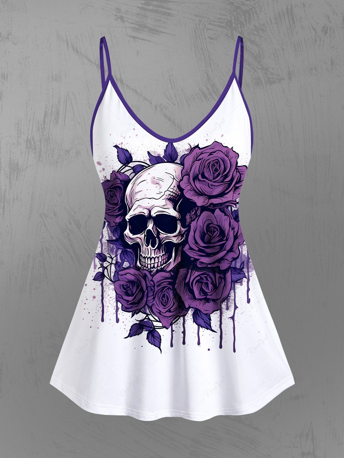 Gothic Plus Size Paint Drop Rose Flower Skull Print Cami Top(Adjustable Shoulder Strap)