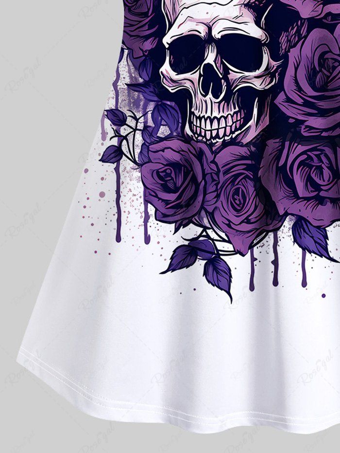 Gothic Plus Size Paint Drop Rose Flower Skull Print Cami Top(Adjustable Shoulder Strap)