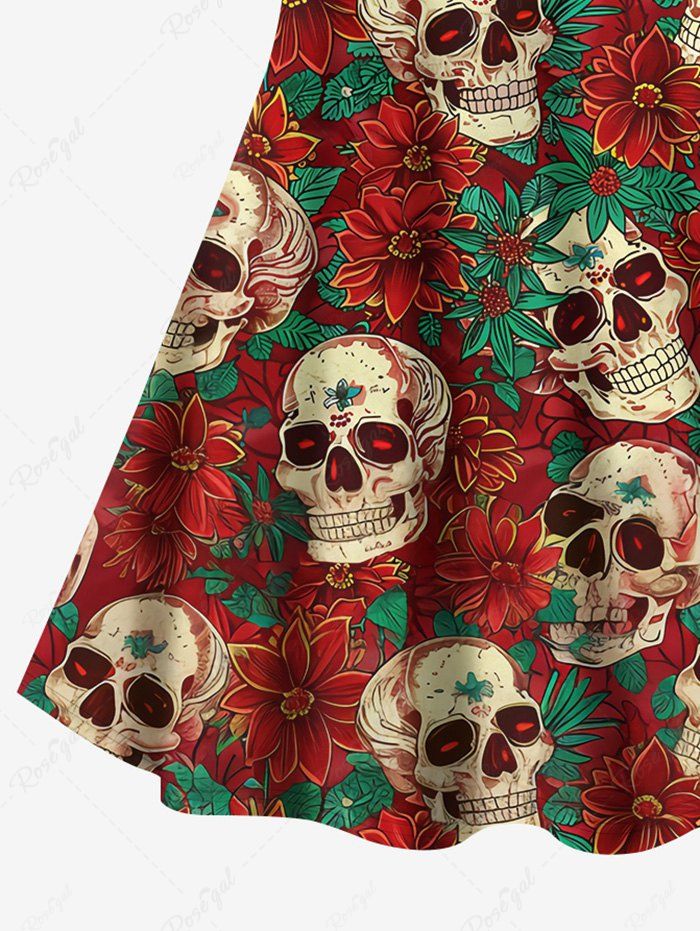 Gothic Distressed Skulls Floral Leaf Print Crisscross A Line Cami Dress