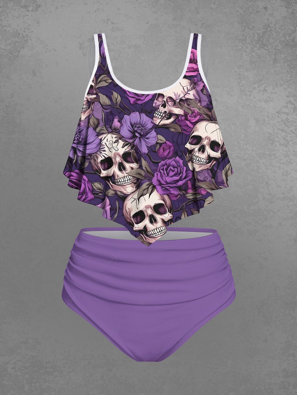 Gothic Plus Size Skull Flower Print Peplum Hem Backless Tankini Swimsuit (Adjustable Shoulder Strap)