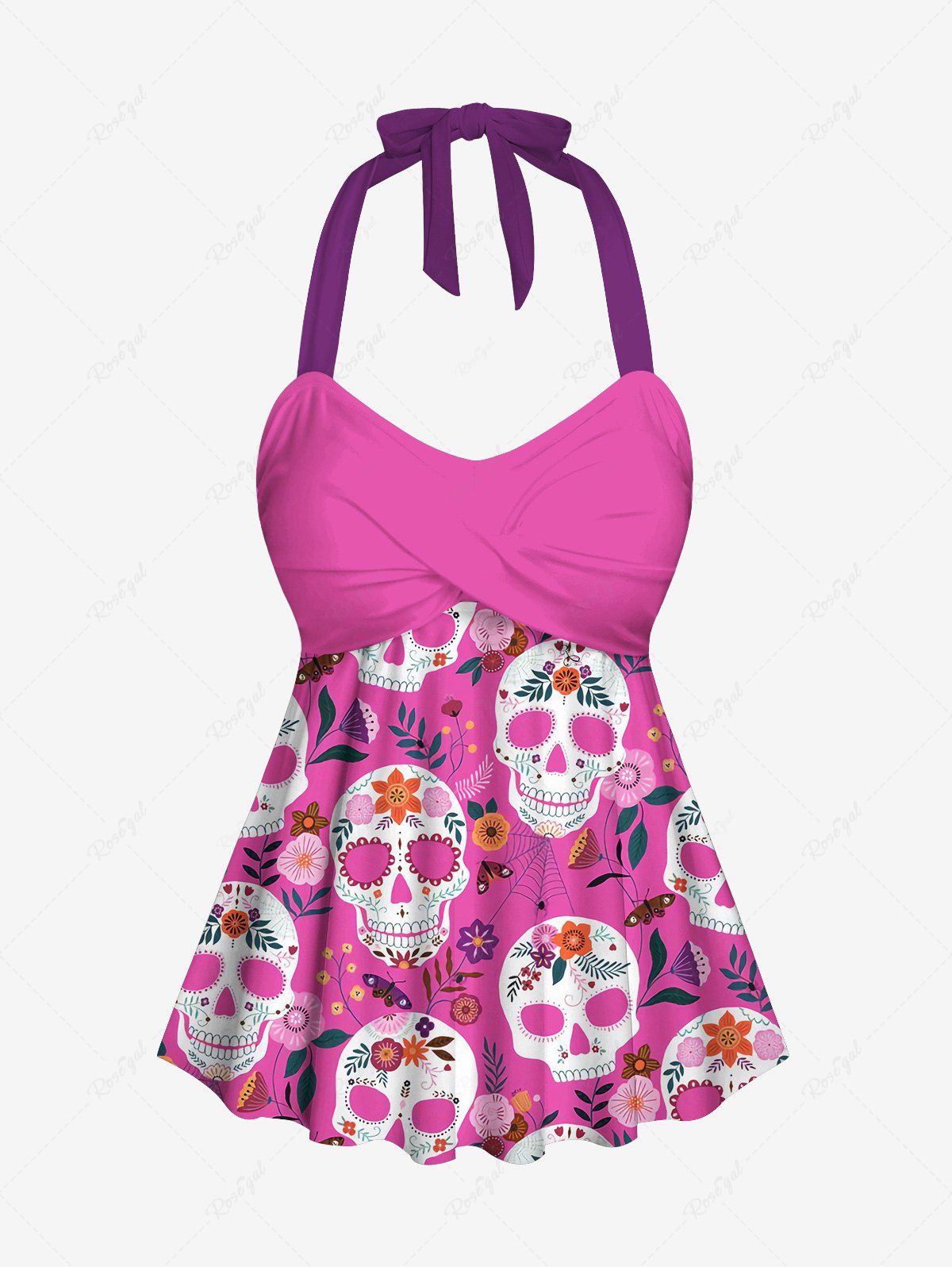 Gothic Plus Size Skulls Floral Butterfly Spider Web Print Twist Halter Backless Cinched Boyleg Tankini Swimsuit