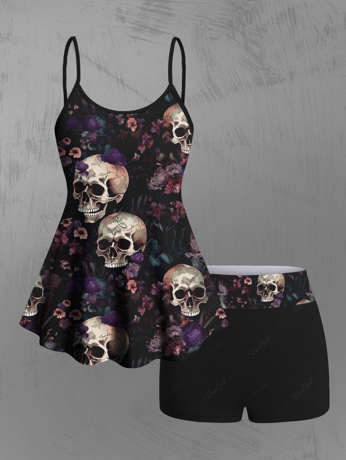 Gothic Skulls Tropical Leaves Floral Print Ombre Boyleg Tankini Swimsuit (Adjustable Shoulder Strap)