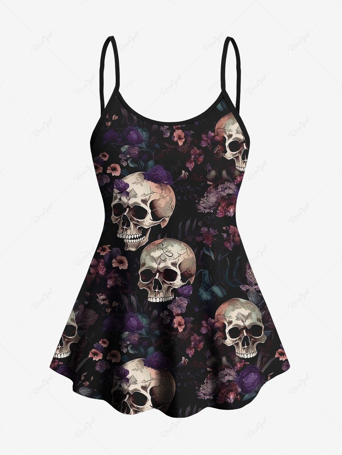 Gothic Skulls Tropical Leaves Floral Print Ombre Boyleg Tankini Swimsuit (Adjustable Shoulder Strap)